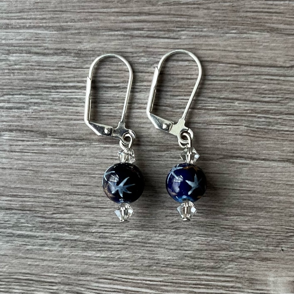 Handmade Navy Blue Star Glass Bead Drop Earrings - Silver Leverback